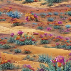 Beautiful scenery of desert under the sun with colorful desert flowers. 