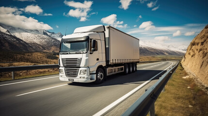 Naklejka premium A scenic view of a truck cruising on the road with majestic mountains in the backdrop. Perfect for travel, transportation, and adventure-themed designs. Ideal for web graphics and printed materials.