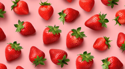 Ripe strawberries spread out on a vivid pink background, offering a burst of color and a sense of...