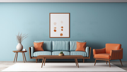  Blue sofa and terracotta lounge chair against a wall 