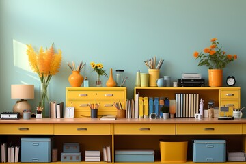 Clean composition featuring school textbooks and highlighters on a pastel yellow desk - obrazy, fototapety, plakaty
