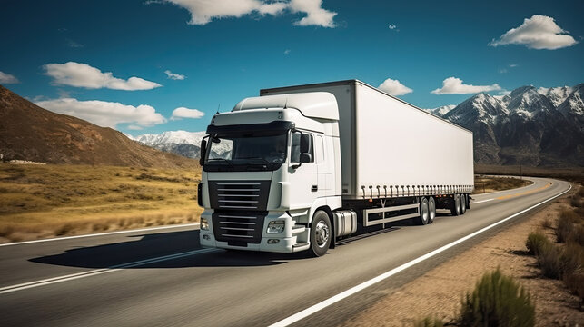 A scenic view of a truck cruising on the road with majestic mountains in the backdrop. Perfect for travel, transportation, and adventure-themed designs. Ideal for web graphics and printed materials.