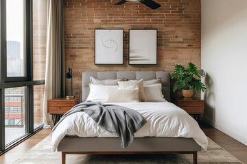 A bedroom with a brick wall and a bed. This cozy and rustic bedroom scene is perfect for interior design concepts, real estate promotions, and home decor advertisements.