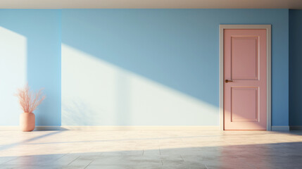 Violet colored interior, empty room with door. Pastel colour palette. Minimalist contemporary...