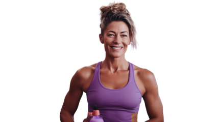 The scene focuses on an energetic woman dressed in functional sportswear. The background is white and the person is isolated.