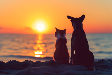 Dog and Cat Watching the Sunset on the Beach