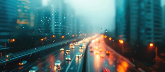 Blurred buildings and an expressway in a rainy city.