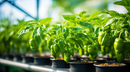 Growing organic green peppers in a greenhouse. Healthy vegetables concept. Generative AI