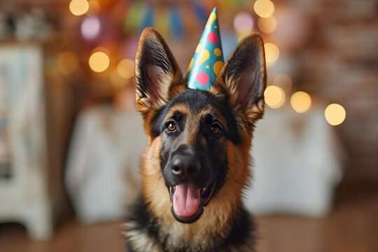 German Shepherd Dog Wearing Birthday Hat