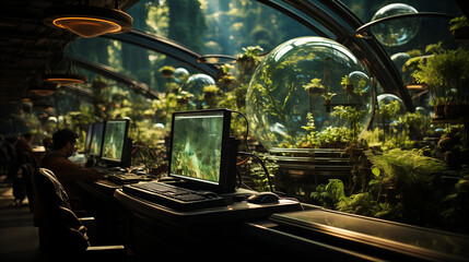 Station de travail verte, futur du travail informatique, ordinateur, concept de numérique responsable et de croissance verte en entreprise