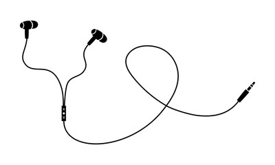 Headphone with wire. Black silhouette with small earphones and connector. Listen music. Headphone and cord.