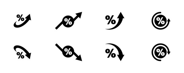 Set of percentage arrows vector icons. Black percent arrow with up and down. Growth and decrease. Arrows with increase or reduce.