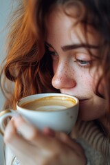Portrait of sleepy young redhead young woman with freckles drinking coffee in light morning room in profile
