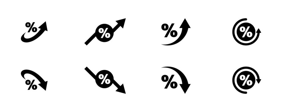 Set of percentage arrows vector icons. Black percent arrow with up and down. Growth and decrease. Arrows with increase or reduce.