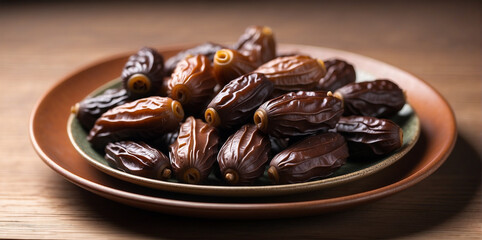 Fototapeta premium Premium photo of a plate of delicious dates with a cup of milk 3