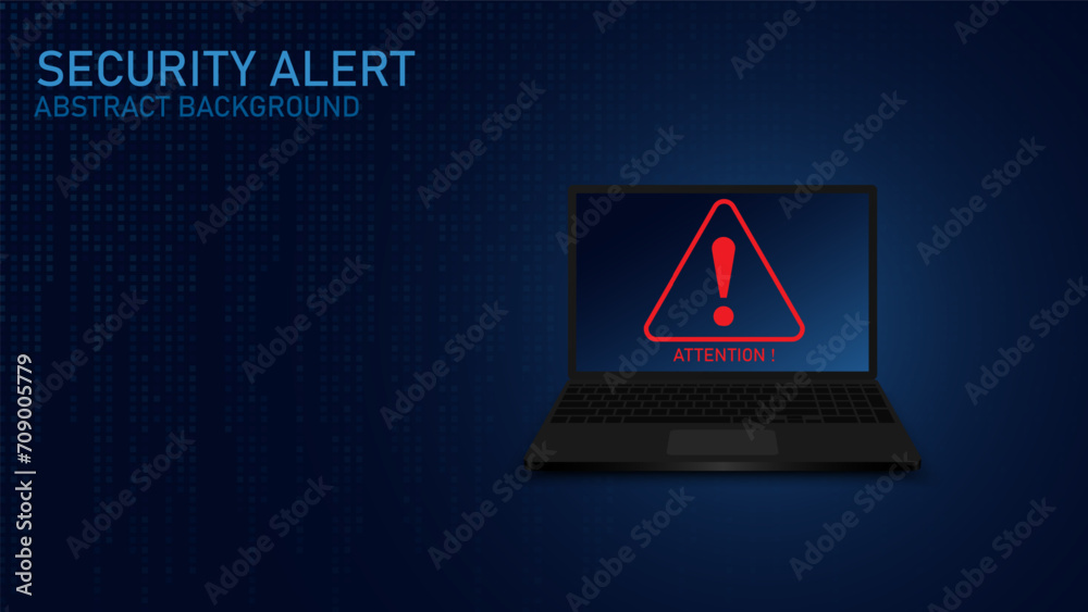 Poster Attention warning attacker alert signs with exclamation marks on a laptop.  Abstract technology blue color background. Attention Danger Hacking. Vector and Illustration.