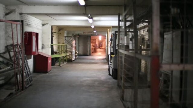 Corridor of storage space in the industrial building. 