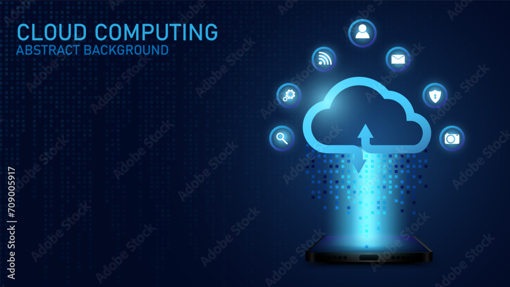Aufkleber Cloud Computing technology Internet and cyber technology concept. Abstract cloud connection technology on a blue color background. Cloud Computing network with internet icons. Vector and Illustration.