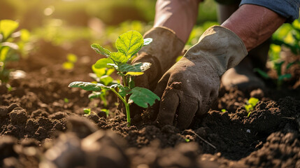 hands of gardener planting a young plant