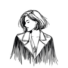 Cowgirl woman, fringed jacket in line art style. Modern western style
