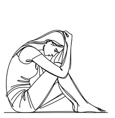 Beautiful sad woman sitting one line illustration. Sketch