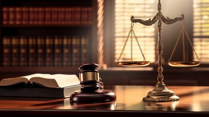 Scales of justice and judge's gavel on the lawyer's desk office on sunny day with sunbeams with open book
