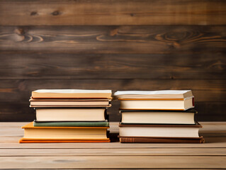 Fototapeta premium Open book, blank page, flat lay, wooden table 