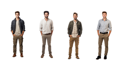 Set of images of a smiling man looking at the camera, isolated, full length, on transparent background PNG.