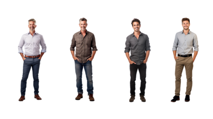 Set of images of a smiling man looking at the camera, isolated, full length, on transparent background PNG.