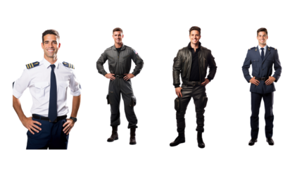 Set of smiling pilot captain looking at camera, isolated, full body, on transparent background PNG.