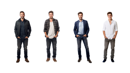 Set of images of a smiling man looking at the camera, isolated, full length, on transparent background PNG.