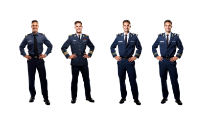 Set of smiling pilot captain looking at camera, isolated, full body, on transparent background PNG.