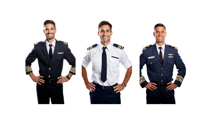 Set of smiling pilot captain looking at camera, isolated, full body, on transparent background PNG.