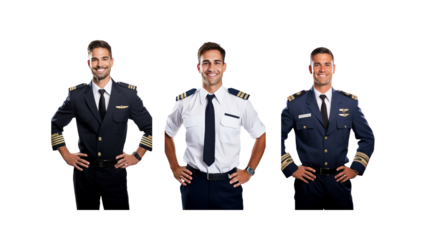 Set of smiling pilot captain looking at camera, isolated, full body, on transparent background PNG.