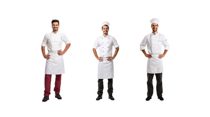 Set of images of a smiling male chef looking at the camera, isolated, full body, on a transparent background PNG.