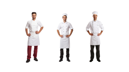 Set of images of a smiling male chef looking at the camera, isolated, full body, on a transparent background PNG.