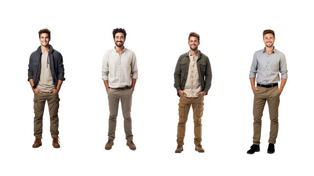 Set of images of a smiling man looking at the camera, isolated, full length, on transparent background PNG.