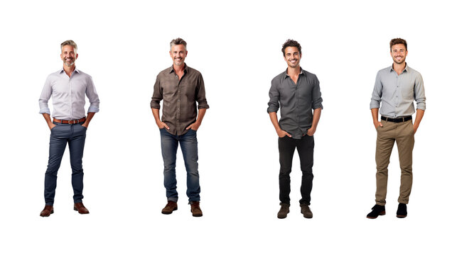 Set of images of a smiling man looking at the camera, isolated, full length, on transparent background PNG.
