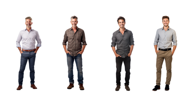 Set of images of a smiling man looking at the camera, isolated, full length, on transparent background PNG.