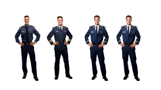 Set of smiling pilot captain looking at camera, isolated, full body, on transparent background PNG.