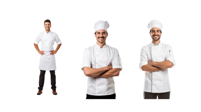 Set of images of a smiling male chef looking at the camera, isolated, full body, on a transparent background PNG.