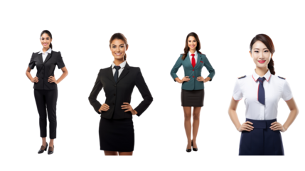Set of images of a flight attendant in a red uniform and hat, full body, on a transparent background PNG