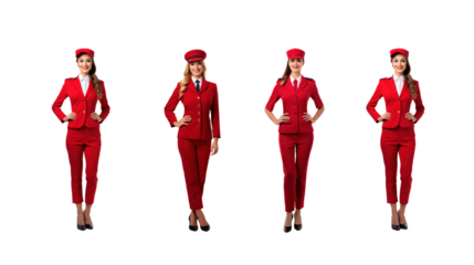Set of images of a flight attendant in a red uniform and hat, full body, on a transparent background PNG