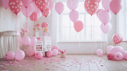 Pink heart-shaped balloons, confetti and streamers as a decorations for Valentines' Day party 