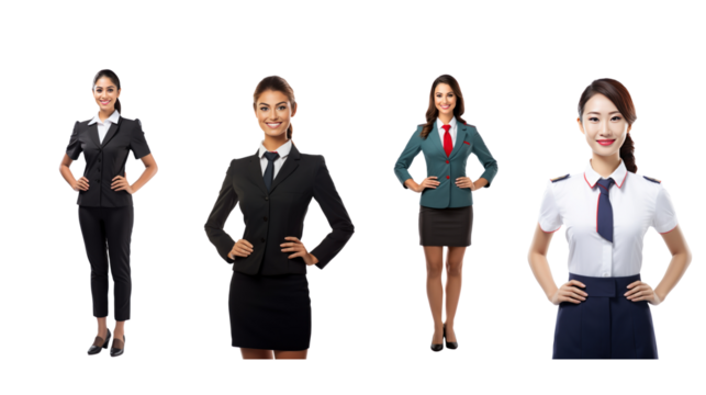 Set of images of a flight attendant in a red uniform and hat, full body, on a transparent background PNG - Powered by Adobe