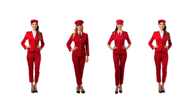 Set of images of a flight attendant in a red uniform and hat, full body, on a transparent background PNG