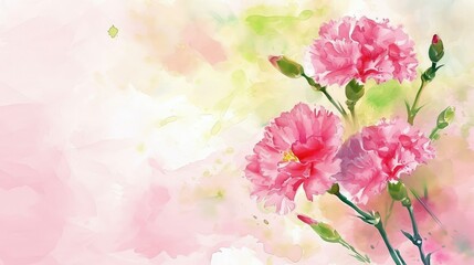 Obraz na płótnie Canvas Pink carnation flowers on a watercolor background, copy space.