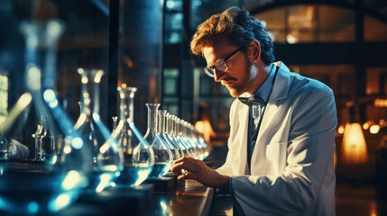 Close up of chemical glass flasks. Scientist in a white coat on laboratory backdrop. Genetic Engineering. Generative AI