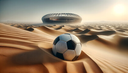 Soccer ball in the desert with a stadium in the sand dunes. Football in the desert - obrazy, fototapety, plakaty