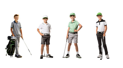 Set of images of a young golfer standing and smiling, looking at the camera, full body, on a transparent background PNG
